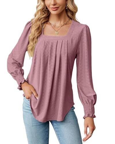 Atxnn Bluse Damen Quadratischer Ausschnitt Oberteile Elegant Tunika Tops Puffärmel Longshirt Frühling Herbst Langarmshirt Shirt Hemd, Dunkel Rosa 2XL von Atxnn