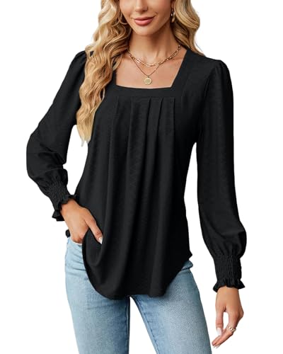Atxnn Bluse Damen Quadratischer Ausschnitt Oberteile Elegant Tunika Tops Puffärmel Longshirt Frühling Herbst Langarmshirt Shirt Hemd, Schwarz 2XL von Atxnn