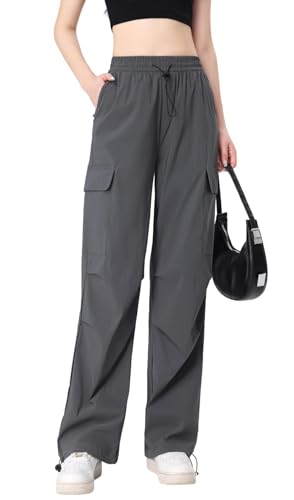 Atxnn Cargohose Damen Y2K Weites Bein Wanderhose Schnell Trocknend Hose Arbeitshose mit Multi Taschen Kordelzug Freizeithose, GRAU XL von Atxnn