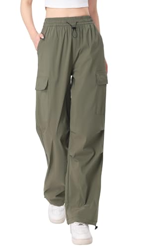 Atxnn Cargohose Damen Y2K Weites Bein Wanderhose Schnell Trocknend Hose Arbeitshose mit Multi Taschen Kordelzug Freizeithose, GRÜN L von Atxnn