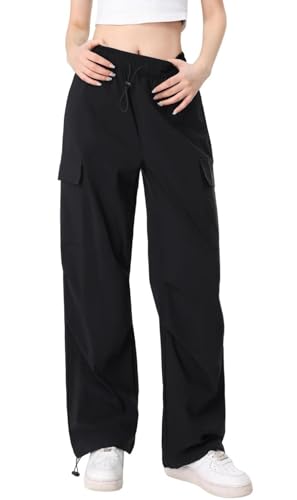 Atxnn Cargohose Damen Y2K Weites Bein Wanderhose Schnell Trocknend Hose Arbeitshose mit Multi Taschen Kordelzug Freizeithose,SCHWARZ XL von Atxnn