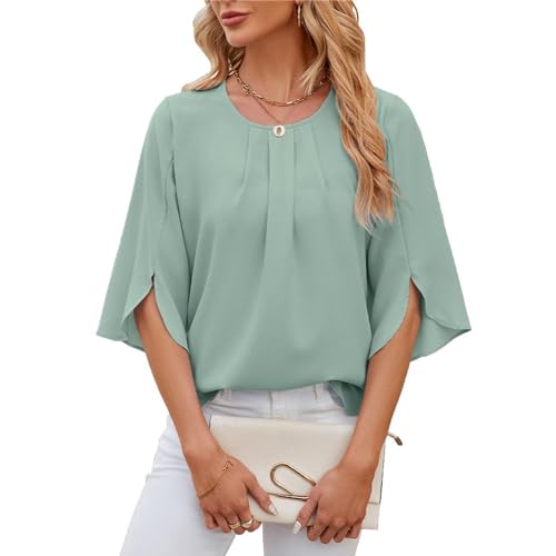 Atxnn Damen Bluse 3/4 Arm Kurze Flowy Chiffon Blusenshirt Elegant Sommer Shirts Tunika Falten Rundhals Tops Casual Oberteile Locker Hemd Streetwear von Atxnn