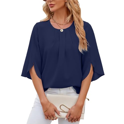 Atxnn Damen Bluse 3/4 Arm Kurze Flowy Chiffon Blusenshirt Elegant Sommer Shirts Tunika Falten Rundhals Tops Casual Oberteile Locker Hemd Streetwear von Atxnn