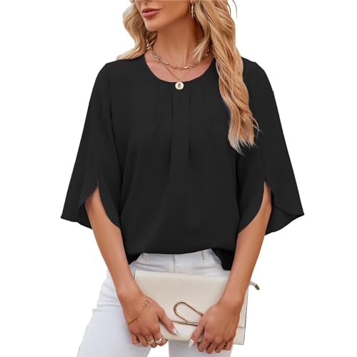 Atxnn Damen Bluse 3/4 Arm Kurze Flowy Chiffon Blusenshirt Elegant Sommer Shirts Tunika Falten Rundhals Tops Casual Oberteile Locker Hemd Streetwear von Atxnn
