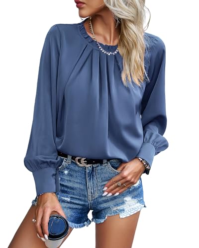 Atxnn Damen Bluse Chiffon Elegant Oberteile Langarm Tunika Falten Stehkragen Tops Casual Blusenshirt Locker Arbeit Shirts Hemd Streetwear(Blue,M) von Atxnn