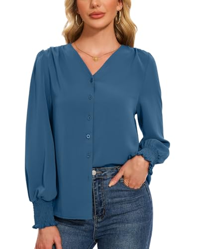 Atxnn Bluse Damen Chiffon Hemd Laterne Langarm Longbluse Elegant Business Oberteile V-Ausschnitt Tops mit Knopf Frühling Herbst Shirt, BLAU XL von Atxnn