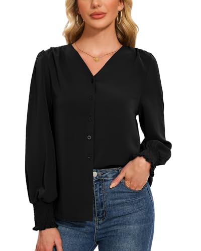 Atxnn Bluse Damen Chiffon Hemd Laterne Langarm Longbluse Elegant Business Oberteile V-Ausschnitt Tops mit Knopf Frühling Herbst Shirt, SCHWARZ L von Atxnn