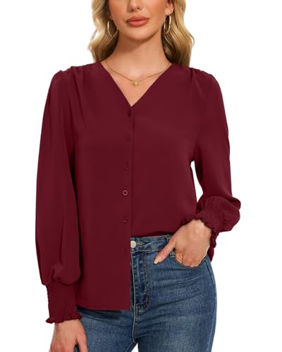 Atxnn Bluse Damen Chiffon Hemd Laterne Langarm Longbluse Elegant Business Oberteile V-Ausschnitt Tops mit Knopf Frühling Herbst Shirt, WEINROT XL von Atxnn