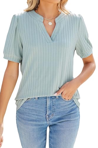 Atxnn Damen Bluse Kurze Ärmel Casual T Shirt Dehnbare Tops Sommer Damenblusen Puff-Kurzarm Oberteil Spreizkragen V-Ausschnitt Tunika von Atxnn