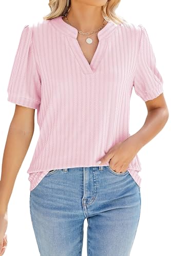 Atxnn Damen Bluse Kurze Ärmel Casual T Shirt Dehnbare Tops Sommer Damenblusen Puff-Kurzarm Oberteil Spreizkragen V-Ausschnitt Tunika von Atxnn