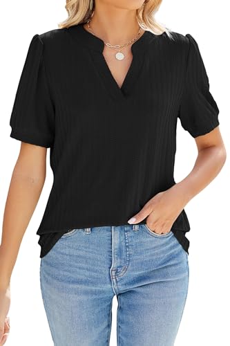 Atxnn Damen Bluse Kurze Ärmel Casual T Shirt Dehnbare Tops Sommer Damenblusen Puff-Kurzarm Oberteil Spreizkragen V-Ausschnitt Tunika von Atxnn