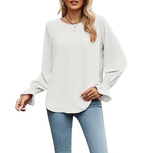 Atxnn Damen Bluse Langarm Chiffon Oberteile Elegant Rundhals Tops Einfarbig Lässige Casual Blusenshirt Locker Shirts Hemd für Frühling und Herbst von Atxnn