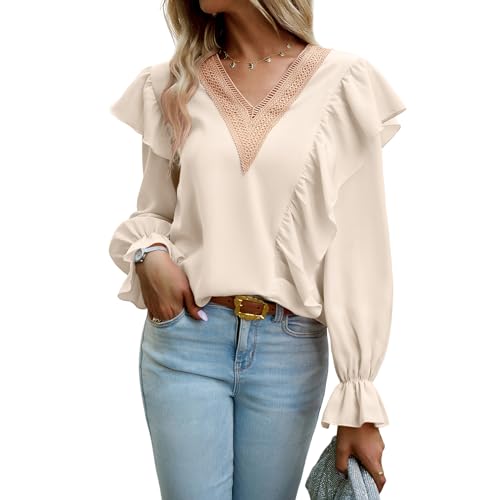 Atxnn Damen Bluse Langarmshirt Böhmen Flowy V-Ausschnitt Oberteile Super bequemer Stoff Elegant Tops Einfarbig Lässige Hemdbluse von Atxnn