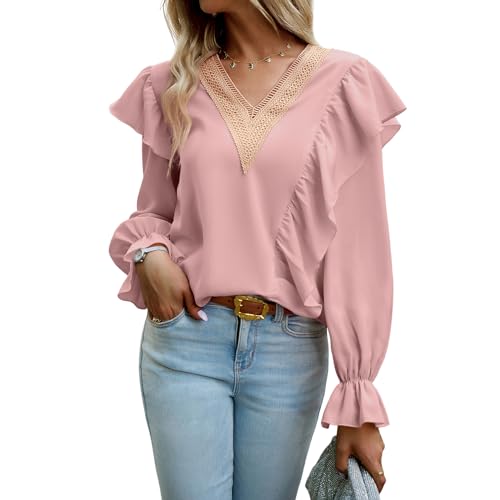 Atxnn Damen Bluse Langarmshirt Böhmen Flowy V-Ausschnitt Oberteile Super bequemer Stoff Elegant Tops Einfarbig Lässige Hemdbluse von Atxnn