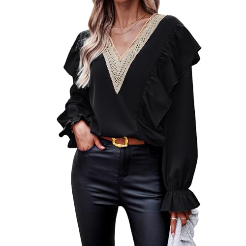 Atxnn Damen Bluse Langarmshirt Böhmen Flowy V-Ausschnitt Oberteile Super bequemer Stoff Elegant Tops Einfarbig Lässige Hemdbluse von Atxnn