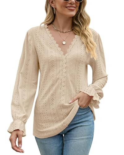 Atxnn Damen Bluse Langarmshirt Oberteile Elegant Pullover V-Ausschnitt Tunika Lässige Puffärmel Blusenshirt Basic Tops von Atxnn
