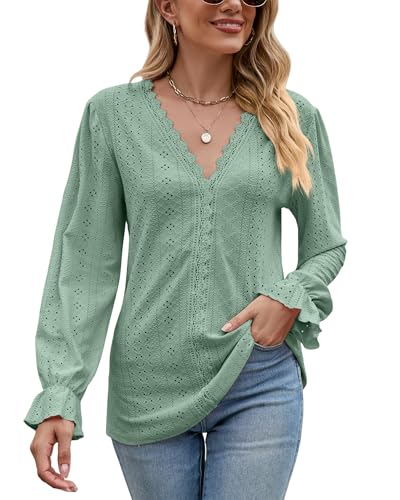Atxnn Damen Bluse Langarmshirt Oberteile Elegant Pullover V-Ausschnitt Tunika Lässige Puffärmel Blusenshirt Basic Tops von Atxnn