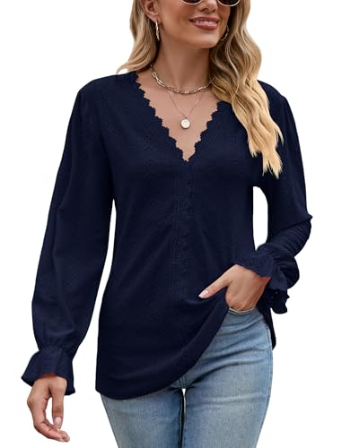 Atxnn Damen Bluse Langarmshirt Oberteile Elegant Pullover V-Ausschnitt Tunika Lässige Puffärmel Blusenshirt Basic Tops von Atxnn