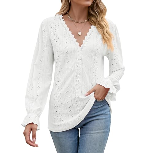 Atxnn Damen Bluse Langarmshirt Oberteile Elegant Pullover V-Ausschnitt Tunika Lässige Puffärmel Blusenshirt Basic Tops von Atxnn