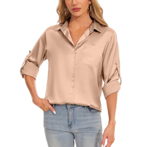 Atxnn Satin Bluse Damen Elegant Hemd 3/4 Ärmel Longbluse Seide Oberteile Business Lässig Tops Frühling Herbst Shirt mit Knopf, Champagner XXL von Atxnn