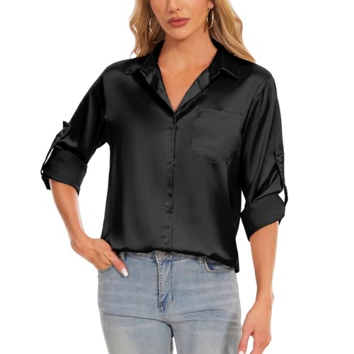 Atxnn Satin Bluse Damen Elegant Hemd 3/4 Ärmel Longbluse Seide Oberteile Business Lässig Tops Frühling Herbst Shirt mit Knopf, SCHWARZ XL von Atxnn