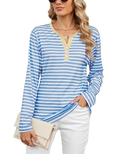 Atxnn Damen Blusen Gestreift Oberteile Henley V Ausschnitt T-Shirt mit Knopf Lässige Langarm Shirt Hemd Leicht Blusenshirt für Frühling Herbst, BLAU M von Atxnn