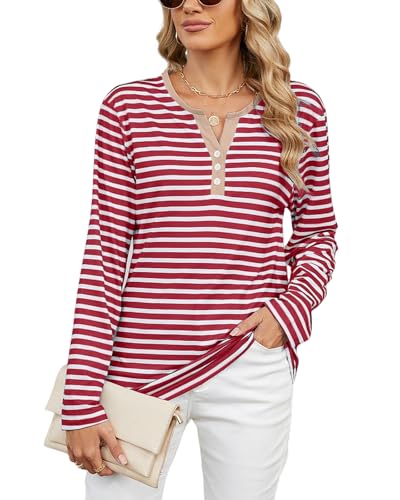 Atxnn Damen Blusen Gestreift Oberteile Henley V Ausschnitt T-Shirt mit Knopf Lässige Langarm Shirt Hemd Leicht Blusenshirt für Frühling Herbst, ROT XL von Atxnn