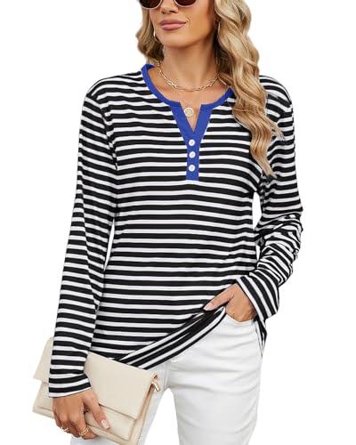 Atxnn Damen Blusen Gestreift Oberteile Henley V Ausschnitt T-Shirt mit Knopf Lässige Langarm Shirt Hemd Leicht Blusenshirt für Frühling Herbst, SCHWARZ L von Atxnn