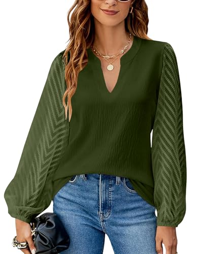 Atxnn Damen Blusen Spitze Langarm Oberteile Elegant Chiffon Tops V Ausschnitt Lässige Blusenshirt Arbeit Shirt Hemd für Frühling und Herbst, ARMYGRÜN L von Atxnn
