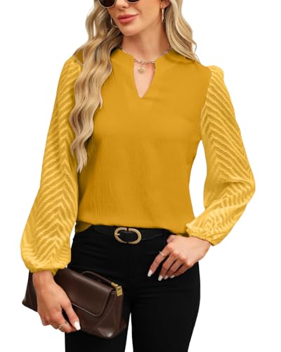 Atxnn Damen Blusen Spitze Langarm Oberteile Elegant Chiffon Tops V Ausschnitt Lässige Blusenshirt Arbeit Shirt Hemd für Frühling und Herbst, GELB XXL von Atxnn