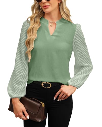 Atxnn Damen Blusen Spitze Langarm Oberteile Elegant Chiffon Tops V Ausschnitt Lässige Blusenshirt Arbeit Shirt Hemd für Frühling und Herbst, GRÜN M von Atxnn