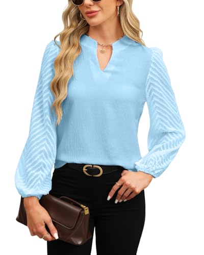 Atxnn Damen Blusen Spitze Langarm Oberteile Elegant Chiffon Tops V Ausschnitt Lässige Blusenshirt Arbeit Shirt Hemd für Frühling und Herbst, HELLBLAU XXL von Atxnn