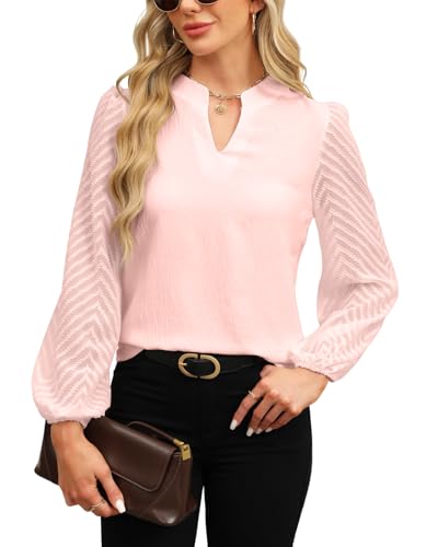Atxnn Damen Blusen Spitze Langarm Oberteile Elegant Chiffon Tops V Ausschnitt Lässige Blusenshirt Arbeit Shirt Hemd für Frühling und Herbst, Hellrosa L von Atxnn