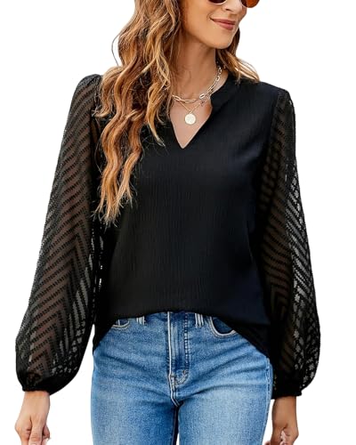 Atxnn Damen Blusen Spitze Langarm Oberteile Elegant Chiffon Tops V Ausschnitt Lässige Blusenshirt Arbeit Shirt Hemd für Frühling und Herbst, SCHWARZ L von Atxnn