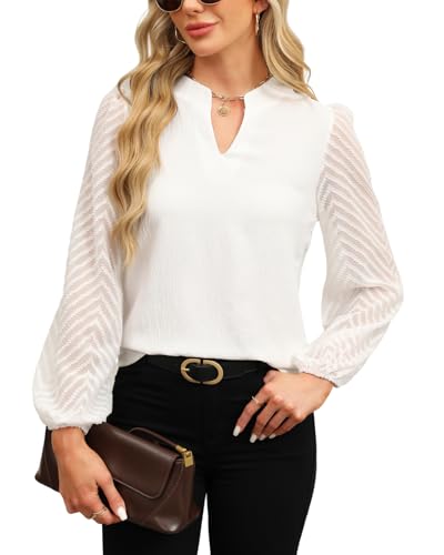 Atxnn Damen Blusen Spitze Langarm Oberteile Elegant Chiffon Tops V Ausschnitt Lässige Blusenshirt Arbeit Shirt Hemd für Frühling und Herbst, Weiss XXL von Atxnn