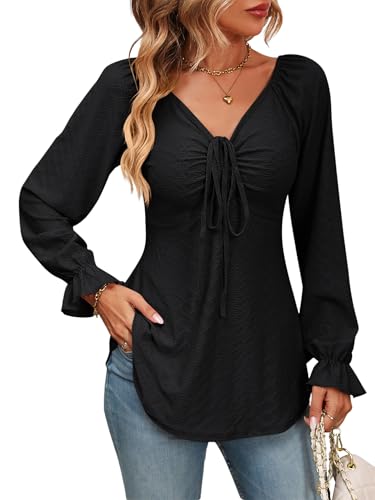 Atxnn Damen Blusen V Ausschnitt Oberteile mit Krawattenschleife Geraffte Langarmshirt Sexy Niedlich Tunika Tops Lässige Shirt Hemd Streetwear, SCHWARZ XL von Atxnn