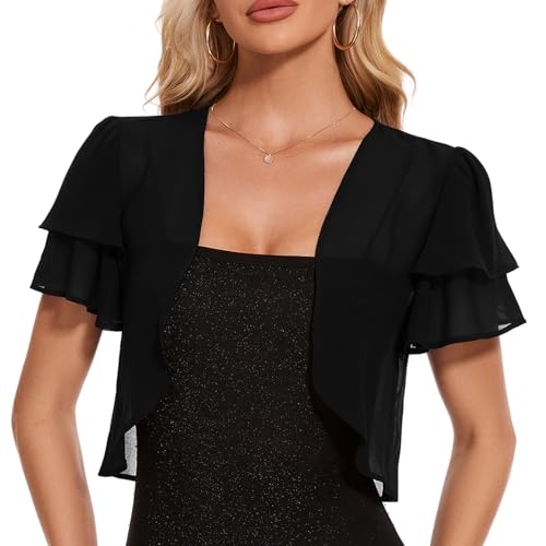 Atxnn Damen Chiffon Bolero Elegant Festlich Bolerojacke Kurze Ärmel Cardigan Sommer Strickjacke Leichte Schulterjacke Shrug, Schwarz XL von Atxnn