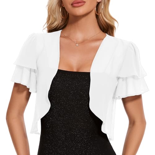 Atxnn Damen Chiffon Bolero Elegant Festlich Bolerojacke Kurze Ärmel Cardigan Sommer Strickjacke Leichte Schulterjacke Shrug, Weiss L von Atxnn