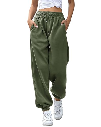 Atxnn Damen Jogginghose Warme Lang Sporthose Frauen Winter Freizeithose Lockere Fitness Yoga Trainingshose Sweatpants Laufhosen mit Taschen, ARMYGRÜN XL von Atxnn