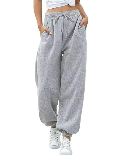 Atxnn Damen Jogginghose Warme Lang Sporthose Frauen Winter Freizeithose Lockere Fitness Yoga Trainingshose Sweatpants Laufhosen mit Taschen, HELLGRAU S von Atxnn