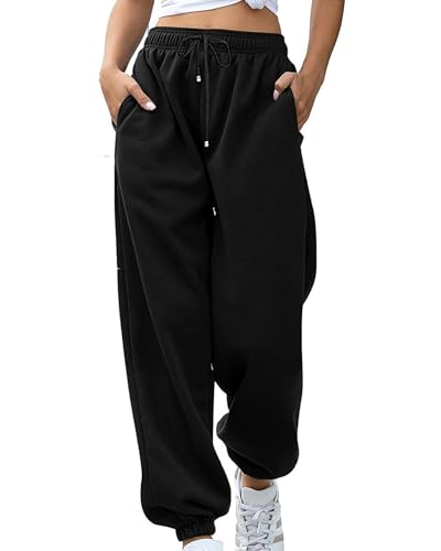 Atxnn Damen Jogginghose Warme Lang Sporthose Frauen Winter Freizeithose Lockere Fitness Yoga Trainingshose Sweatpants Laufhosen mit Taschen, SCHWARZ M von Atxnn