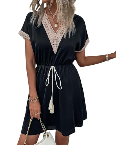 Atxnn Damen Kleider Boho Kurzarm V-Ausschnitt Sommerkleid Elegant Casual Frauen Tunika Kleid mit Dekorativer Kordelzug für Strand Party und Freizeit Atxnn Damen Kleider Boho Kurzarm V-Ausschnitt Sommerkleid Elegant Casual Frauen Tunika Kleid mit Dekorativer Kordelzug für Strand Party und Freizeit von Atxnn