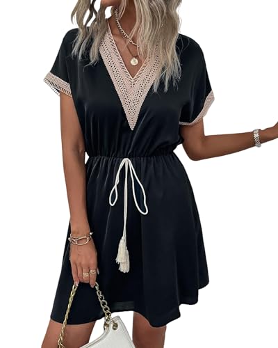 Atxnn Damen Kleider Boho Kurzarm V-Ausschnitt Sommerkleid Elegant Casual Frauen Tunika Kleid mit Dekorativer Kordelzug für Strand Party und Freizeit von Atxnn