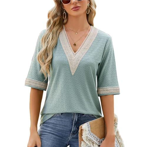 Atxnn Damen Kurzarm Bluse Bohème T Shirt V Ausschnitt Tops Casual Sommer Oberteile Solide Hohle Bequem und atmungsaktiv von Atxnn