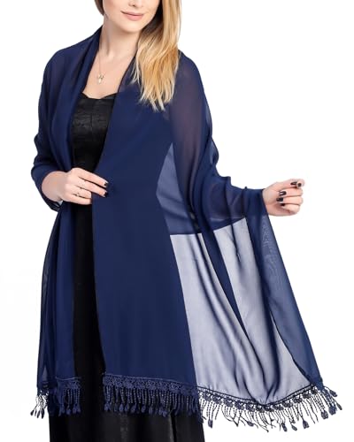 Atxnn Damen Schal Chiffon Stola mit Quasten Sommer Halstuch für Abendkleid Hochzeit Party Elegante Sheer Tücher Schultertuch Leichter Scarf, NAVY BLAU von Atxnn