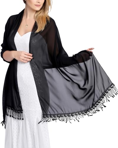 Atxnn Damen Schal Chiffon Stola mit Quasten Sommer Halstuch für Abendkleid Hochzeit Party Elegante Sheer Tücher Schultertuch Leichter Scarf, SCHWARZ von Atxnn
