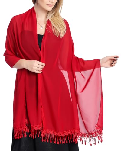 Atxnn Damen Schal Chiffon Stola mit Quasten Sommer Halstuch für Abendkleid Hochzeit Party Elegante Sheer Tücher Schultertuch Leichter Scarf, WEINROT von Atxnn