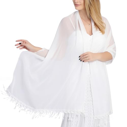 Atxnn Damen Schal Chiffon Stola mit Quasten Sommer Halstuch für Abendkleid Hochzeit Party Elegante Sheer Tücher Schultertuch Leichter Scarf, Weiß von Atxnn