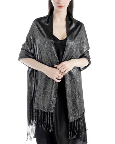 Atxnn Damen Schal Elegante Glitzer Stola mit Quasten Halstuch für Abendkleid Hochzeit Braut Party Tücher Schultertuch Sommer Frühling Herbst Scarf, SCHWARZ von Atxnn