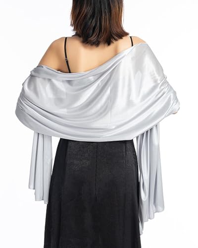 Atxnn Damen Schal Seide Satin Stola Elegante Halstuch für Abendkleid Hochzeit Braut Party Weicher Schultertuch Scarf für Sommer Frühling, HELLSILBER von Atxnn